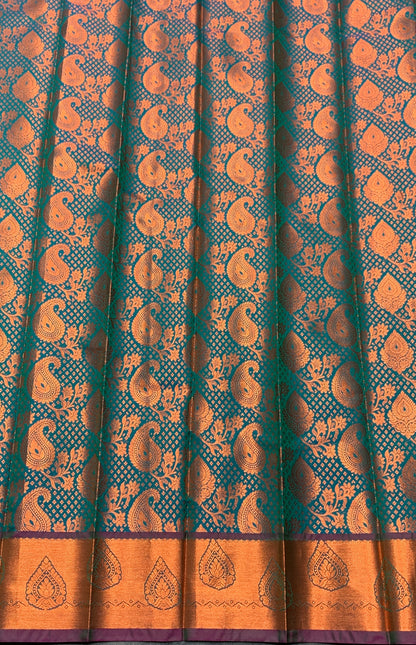 Vegan Silk Saree Peacock Green Colour with Pink and Copper Border