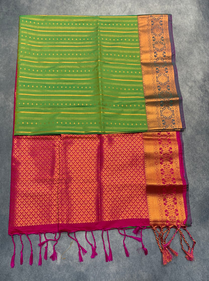 Soft Vegan Silk Saree Light Green Colour with Pink and Copper Border