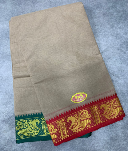 9X5 Cotton Dhoti Light Brown Colour with Red and Green