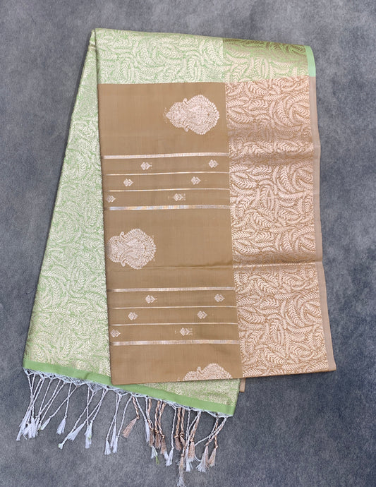 Art Silk Saree Light Brown Colour with Sliver Zari Border