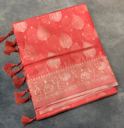 Banaras Katan Saree Peach Pink Colour with Katan Work Border