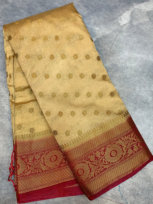 Crepe Saree Sandal Colour with Maroon Border