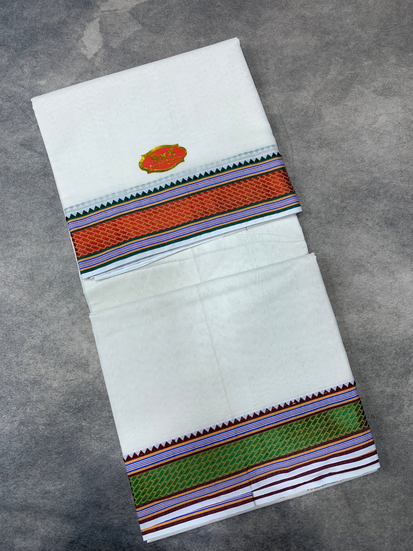 9X5 Cotton Dhoti White Colour with Red and Green Border