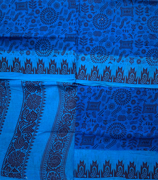 Chettinad Sungudi Cotton Azure Blue Colour with Navy Blue Border