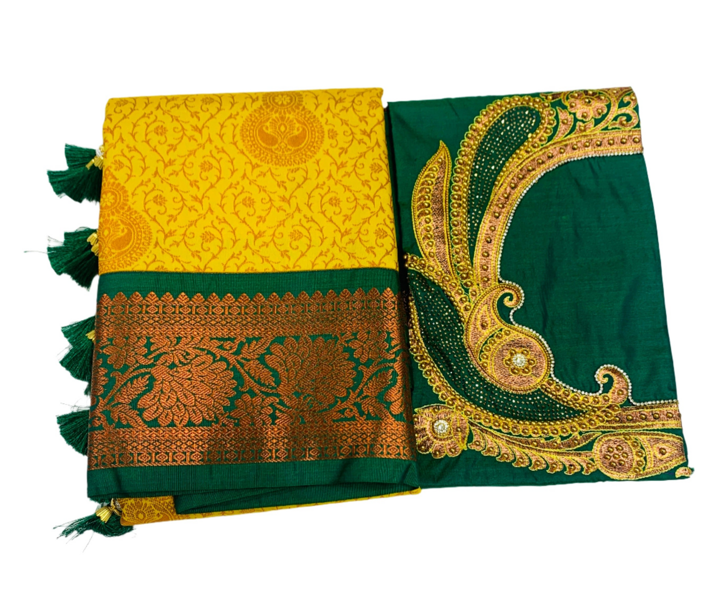 Bridal Vegan Silk Saree Yellow shade with Green Border with Unstitched blouse in Aari work