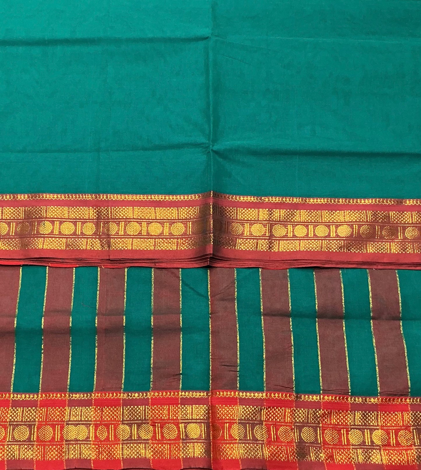 Chettinad Cotton Saree Teal Green Colour with Maroon Colour with Zari Work Border