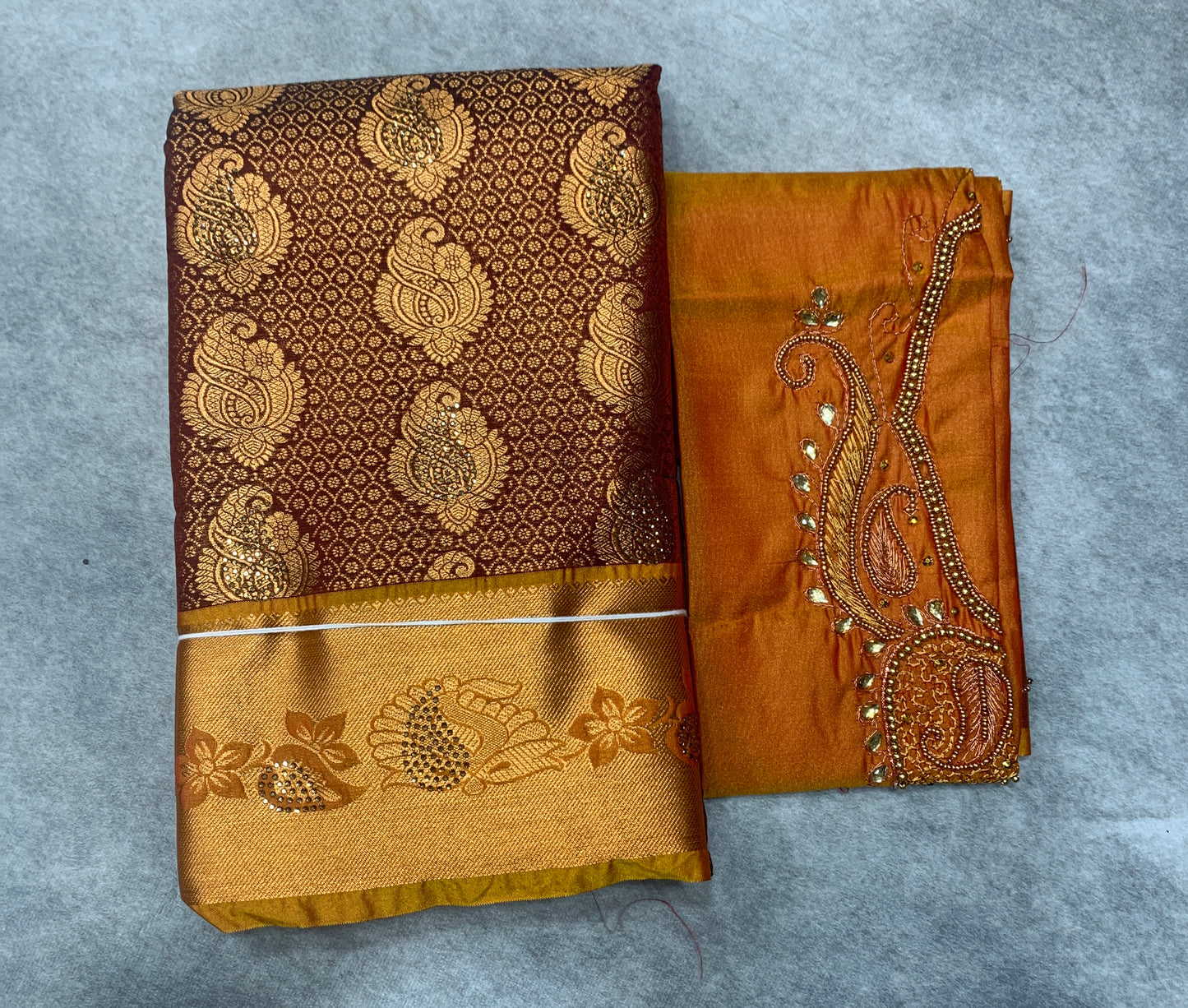 Bridal Vegan Silk Saree Brown shade with Golden Yellow Border with Unstitched blouse in Aari Work