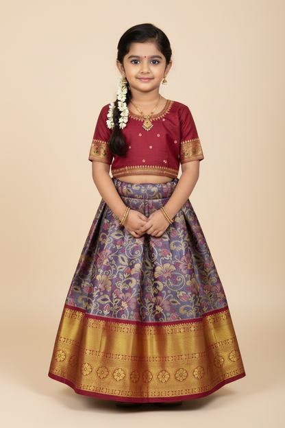 Lavender and Blue Shade Vegan Silk Kids Pattu Pavadai with Contrast border for age 2 to 5