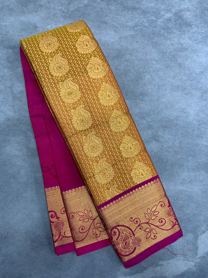 Vegan Silk Saree Golden Yellow Colour with Pink and Copper Border