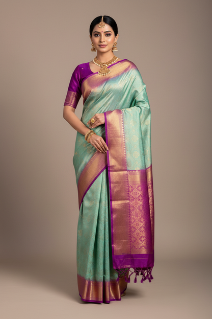 Soft Silk Saree Light Sapphire Colour and Stone Work with Magenta Colour Pallu