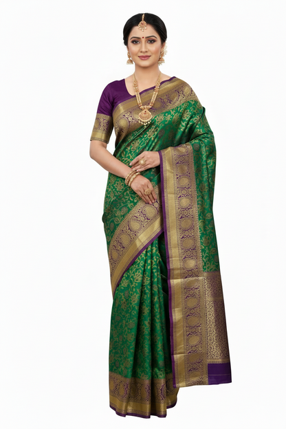 Vegan Silk Saree Green Colour with Blue Border