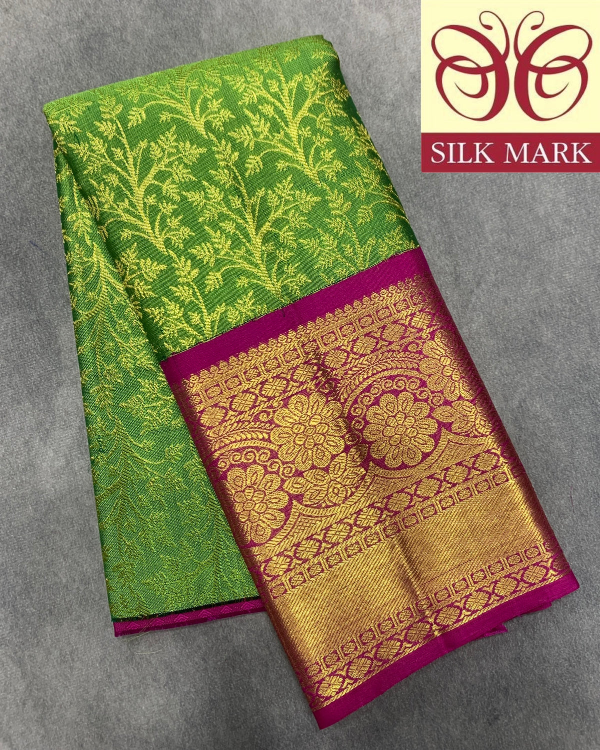 Parrot Green Shade Pure Kanchipuram Kids Pattu Pavadai with Contrast Border for Newborn to 2 Years