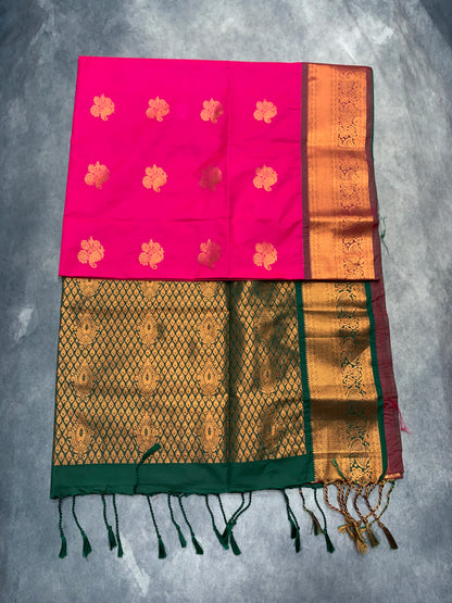Soft Vegan Silk Saree Pink Colour with Green and Copper Border
