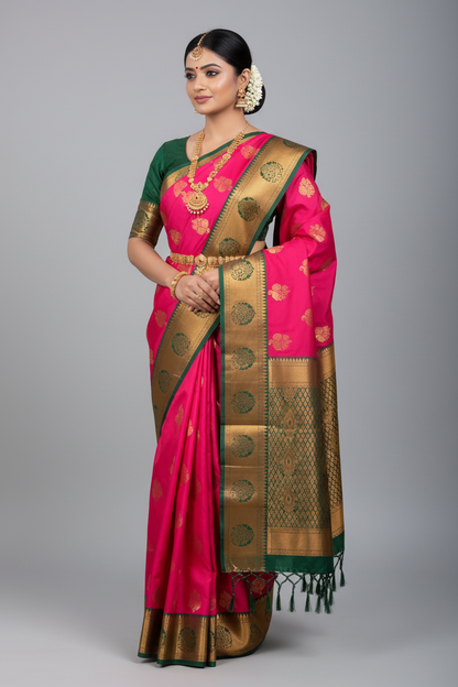 Soft Vegan Silk Saree Pink Colour with Green and Copper Border