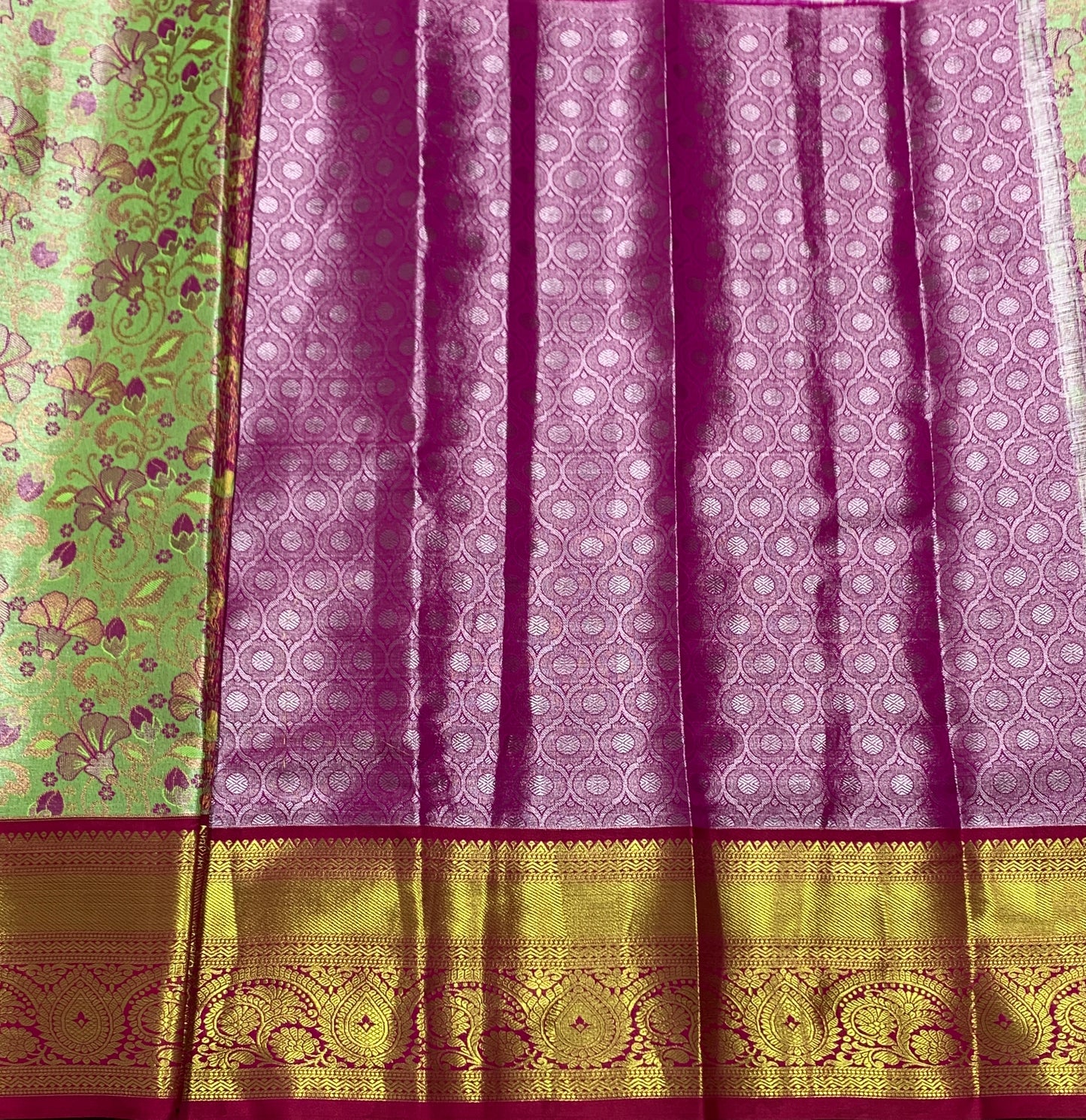 Light Apple Green Shade Vegan Silk Kids Pattu Pavadai with Contrast border for age 2 to 5