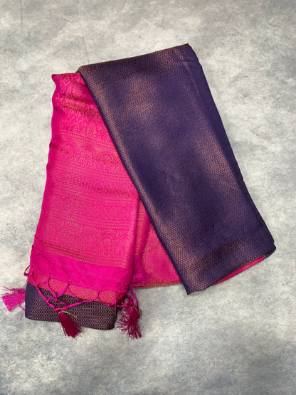 Soft Silk Saree Navy Pink Colour with Pink Colour Pallu