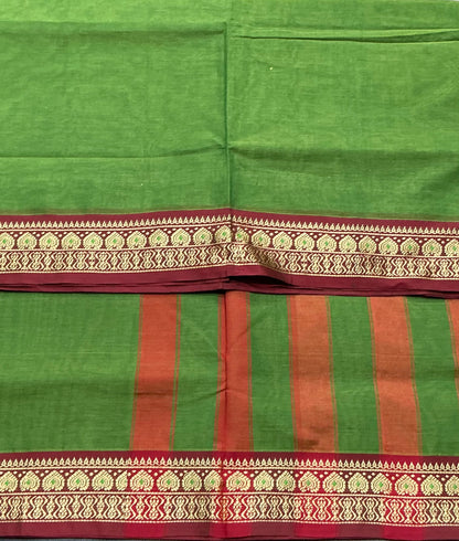Chettinad Cotton Saree Olive Green Colour with Maroon Colour with Thread Work Border