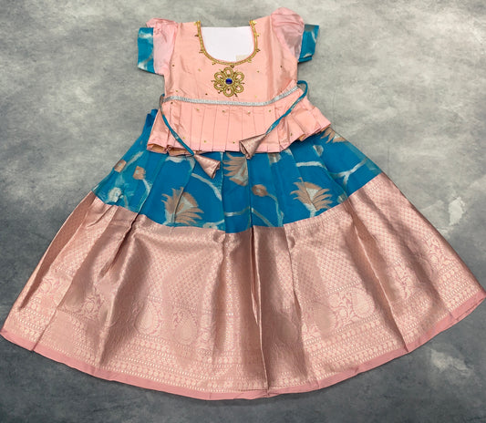Ready To Wear Sky Blue Pavadai with Contrast Peach Blouse
