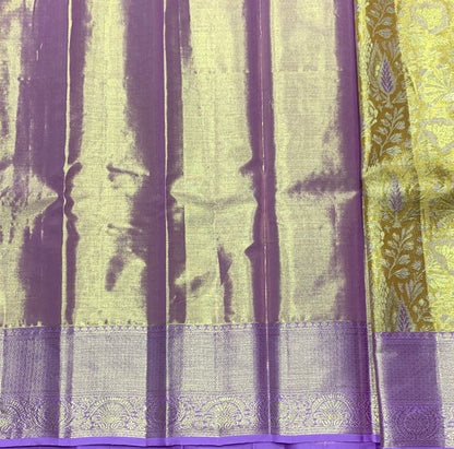 Mustard Yellow Shade Pure Kanchipuram Kids Pattu Pavadai with Contrast Border for Newborn to 2 Years