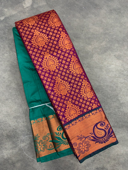 Vegan Silk Saree Magenta Colour with Green and Copper Border