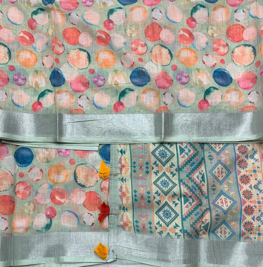 Jute Cotton Saree Mint Green Shade with Thread Border