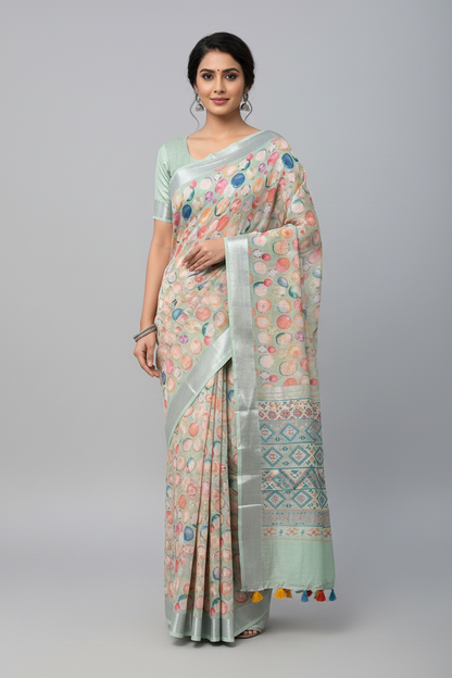 Jute Cotton Saree Mint Green Shade with Thread Border