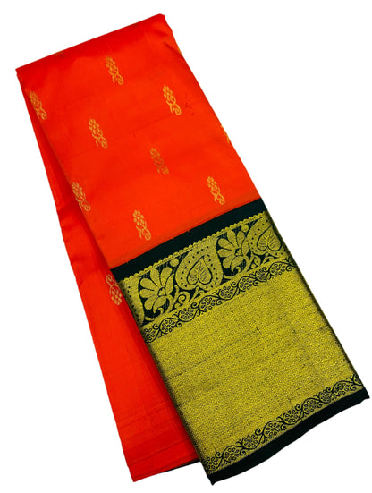 Pure Kanchipuram Silk Saree Orange Colour with Dark Green Border