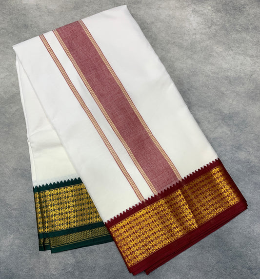 9X5 Cotton Dhoti White Big Green and Maroon Zari Border with Angavastram