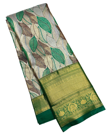 Green & Brown Leaf Soft Kanchi Tissue Pattu Saree with Green Border