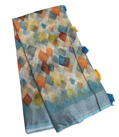 Jute Cotton Saree Sky Blue Shade with Thread Border