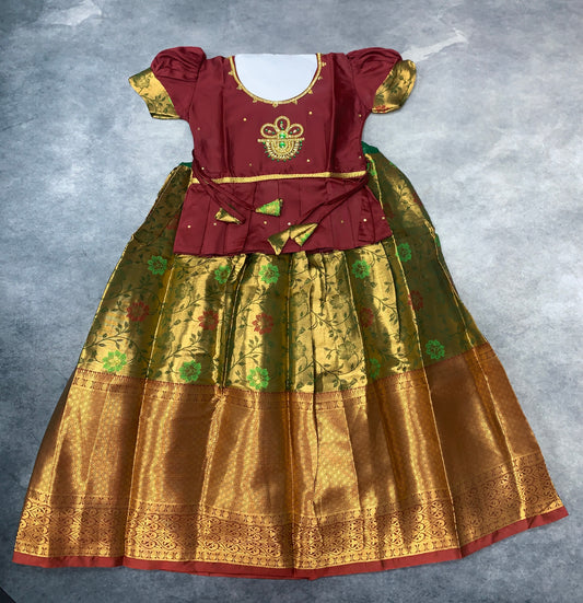 Ready To Wear Golden Green Pavadai with Contrast Brown Blouse
