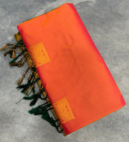 Soft Vegan Silk Saree Orange Colour with Copper and Brown Border