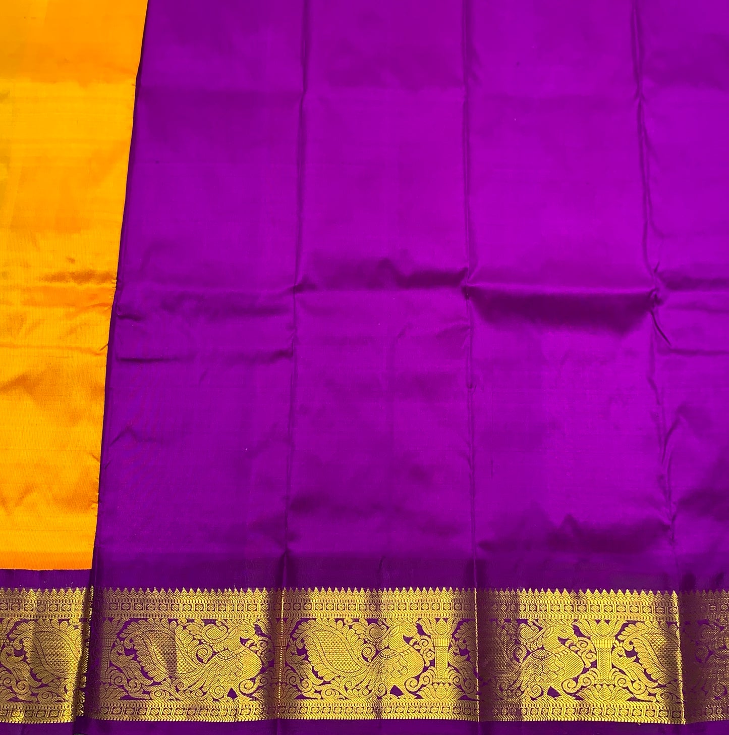 Mango Yellow Shade Pure Kanchipuram Kids Pattu Pavadai with Contrast Border for Newborn to 2 Years