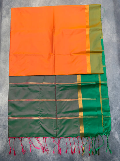 Art Silk Saree Orange Colour with Green and Copper Border