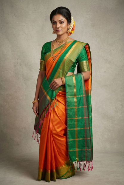 Art Silk Saree Orange Colour with Green and Copper Border
