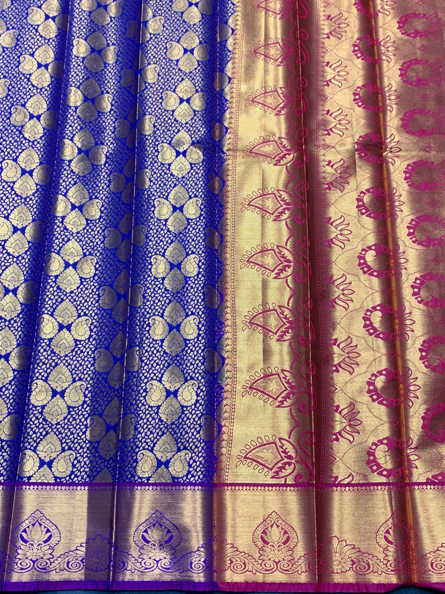 Vegan Silk Saree Blue Colour with Copper and Magenta Border