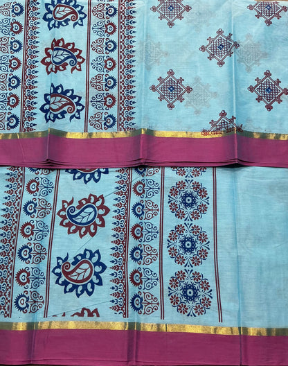 Chettinad Sungudi Cotton Sky Blue Colour with Magenta Pink Colour Border