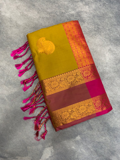 Soft Vegan Silk Saree Lime Green Colour with Rettai Pettu Border