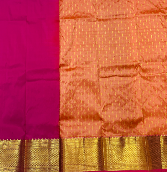 Peach shade Pure Kanchipuram Kids Pattu Pavadai with contrast border for age 2 to 5