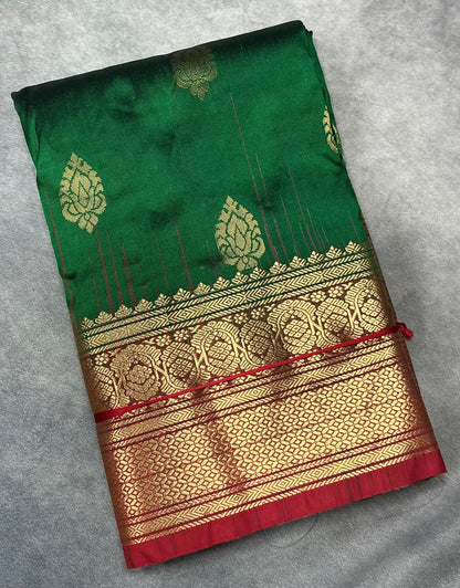 Pure Kanchipuram Silk Green Colour with Red Border