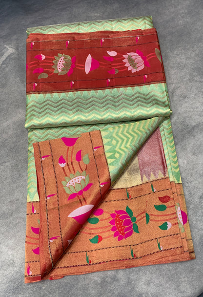 Paithani Pure Silk Saree Apple Green Colour with Copper Colour and Floral Design (Pre Order Available)