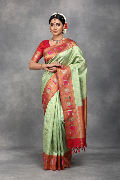 Paithani Pure Silk Saree Apple Green Colour with Copper Colour and Floral Design (Pre Order Available)