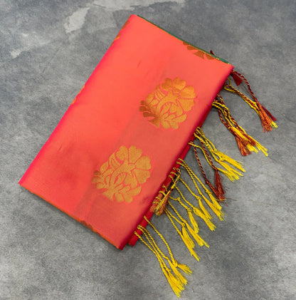 Soft Vegan Silk Saree Peachy Pink Colour with Green and Copper Border