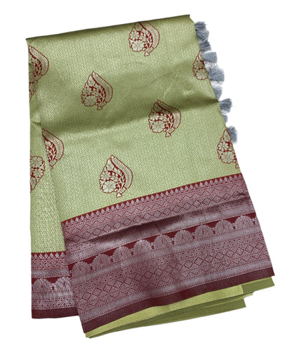 Art Silk Saree Pista Green Colour with Maroon Border