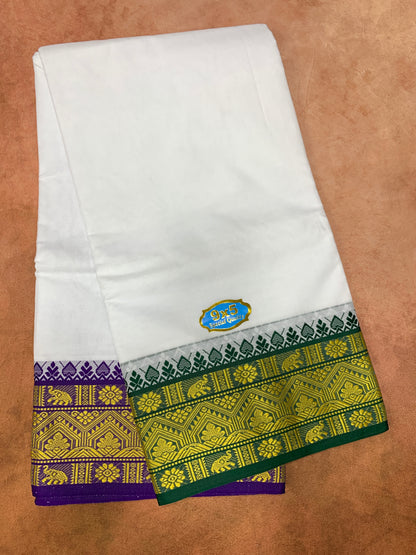 9X5 Cotton Dhoti White with Green and Violet Ganga Jamuna Border