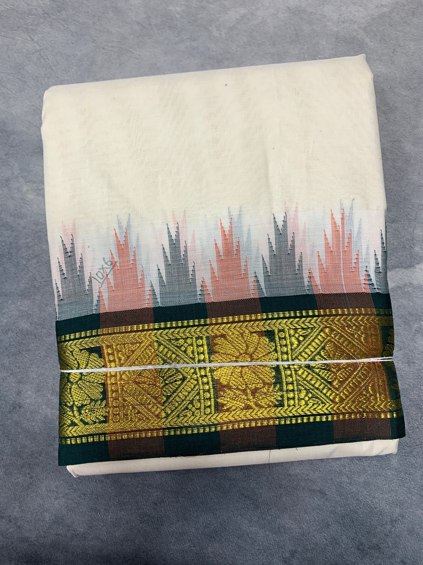 10X6 Korvai Cotton Dhoti Half White Colour with Green and Maroon Border
