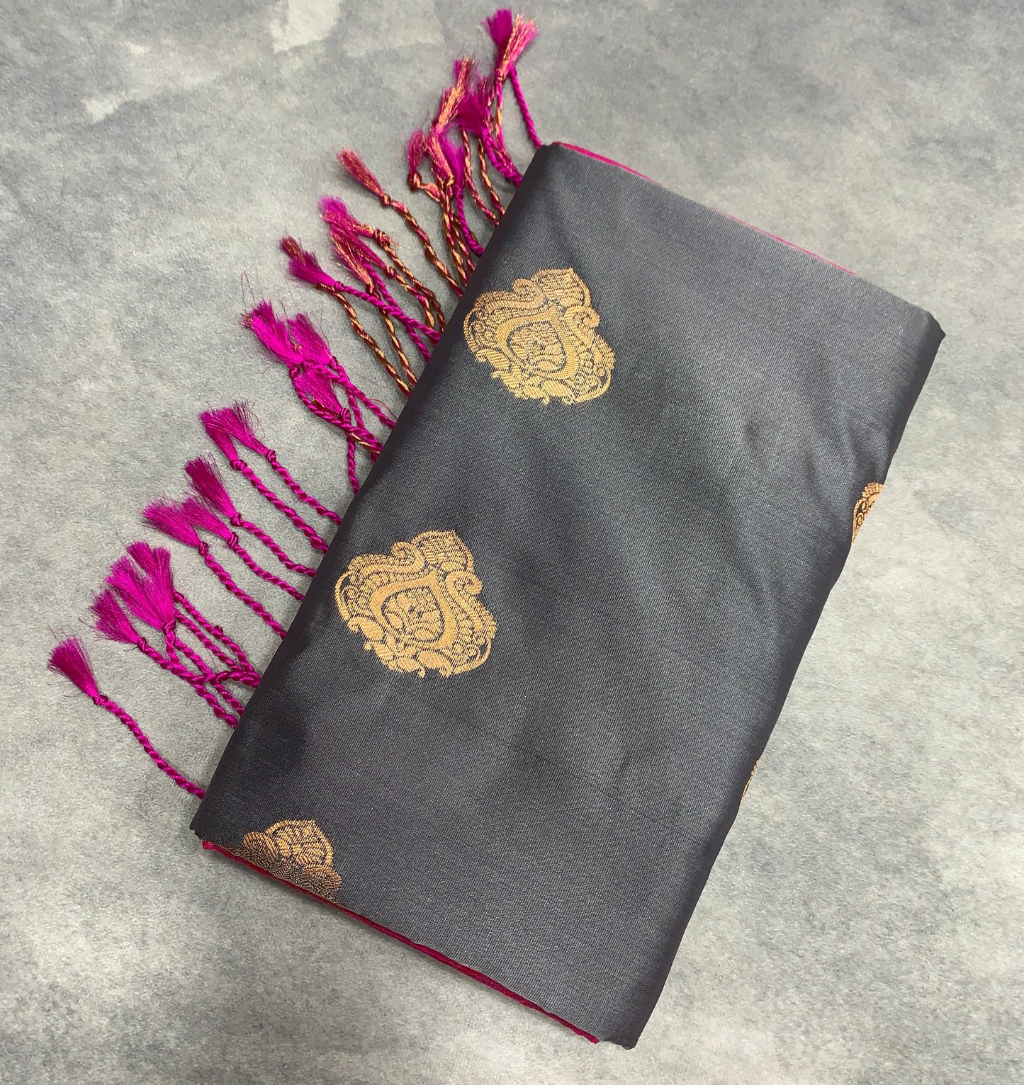 Soft Vegan Silk Saree Gray Colour with Pink and Copper Border