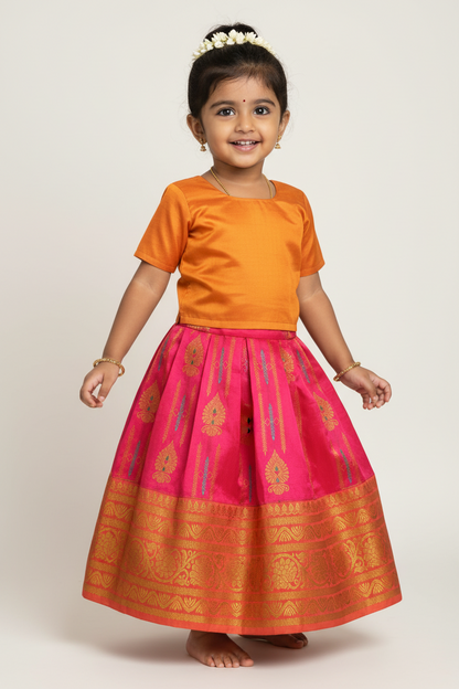 Baby Pink Shade Pure Kanchipuram Kids Pattu Pavadai with Contrast Border for Newborn to 2 Years