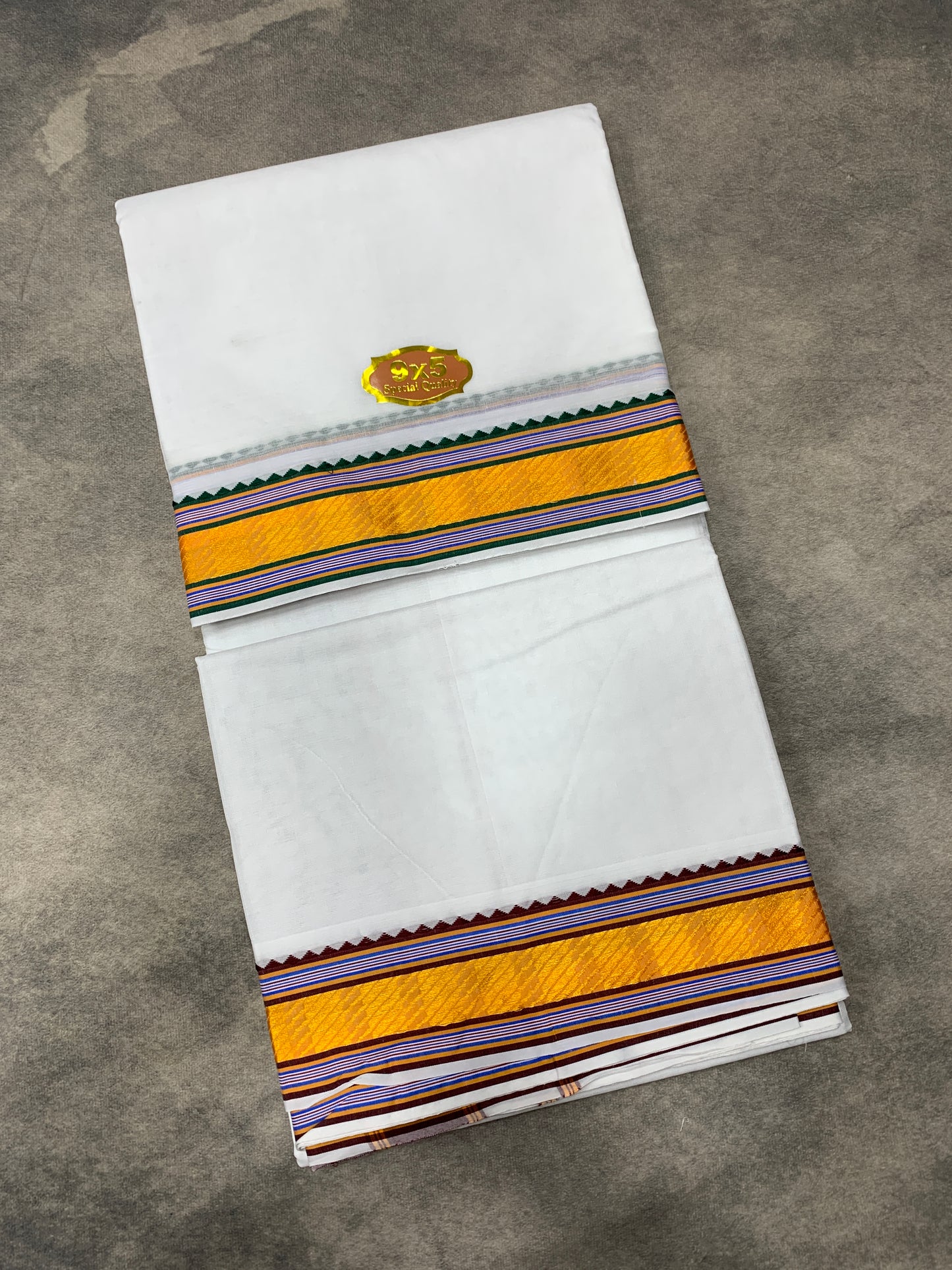 9X5 Cotton Dhoti White Colour with Blue and Yellow Border with Angavastarm