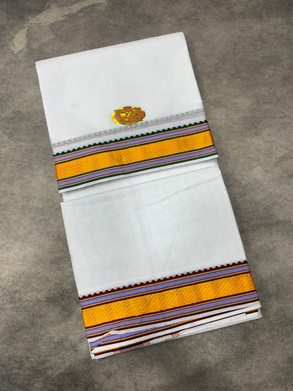 9X5 Cotton Dhoti White Colour with Blue and Yellow Border with Angavastarm